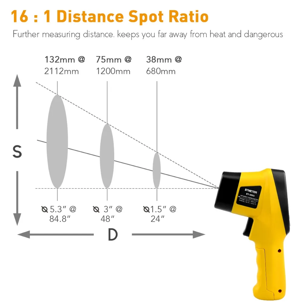 Инфракрасный термометр пистолет BT-985C Бесконтактный 16:1 ИК лазерный температурный пистолет цифровой мгновенное считывание-50℃~ 800℃(-58℉~ 1472℉) для кухни