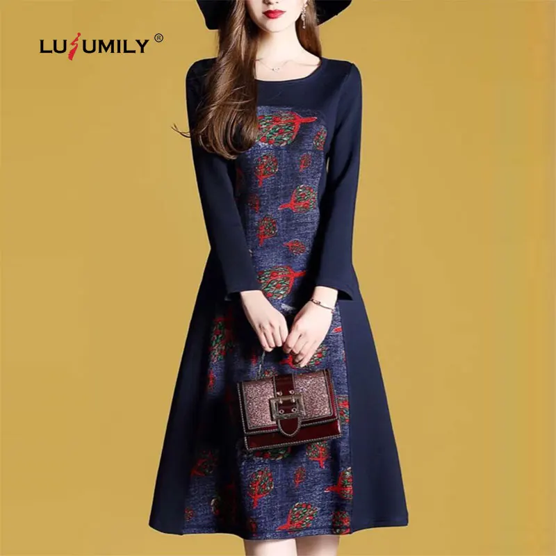 

Lusumily Robe Flower Deep Blue Runway Stitching Vintage Dress Ropa Mujer Invierno 2019 Autumn Midi Retro Women Party Dresses
