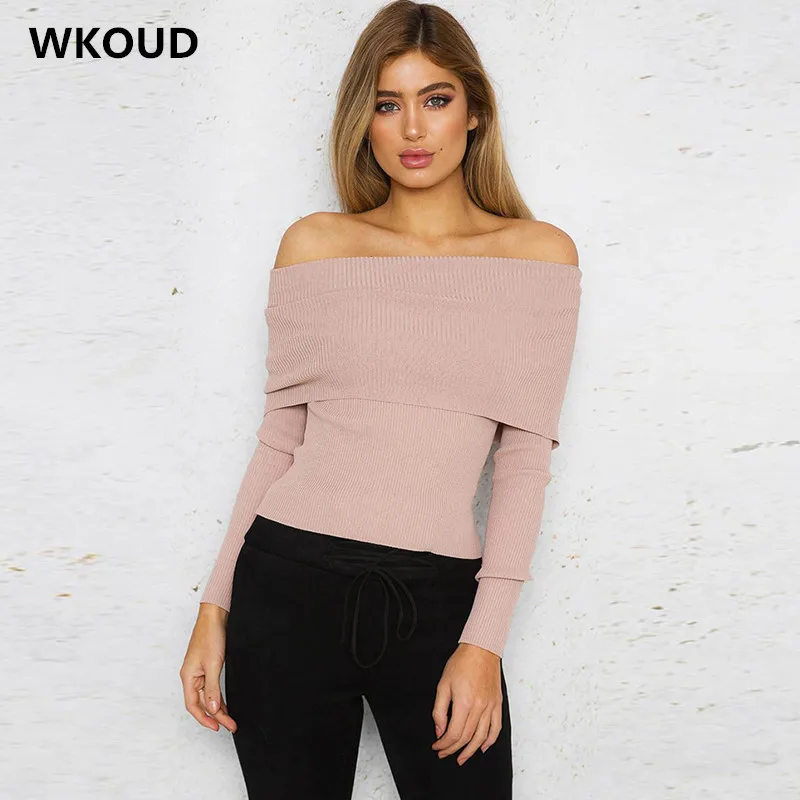 

WKOUD Sweaters For Women Sexy Slash Neck Knitted Pullovers Wide Needles Fashion Streetwear New Jumper Shoulder Off M8259