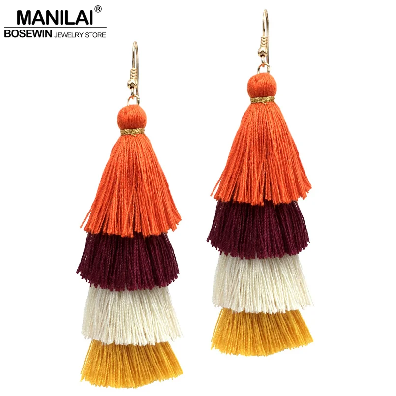 MANILAI Bohemia 4 Layered Tassel Earrings Dangle Earrings Fashion Jewelry Multi color Statement Fringe Long Earring For Women
