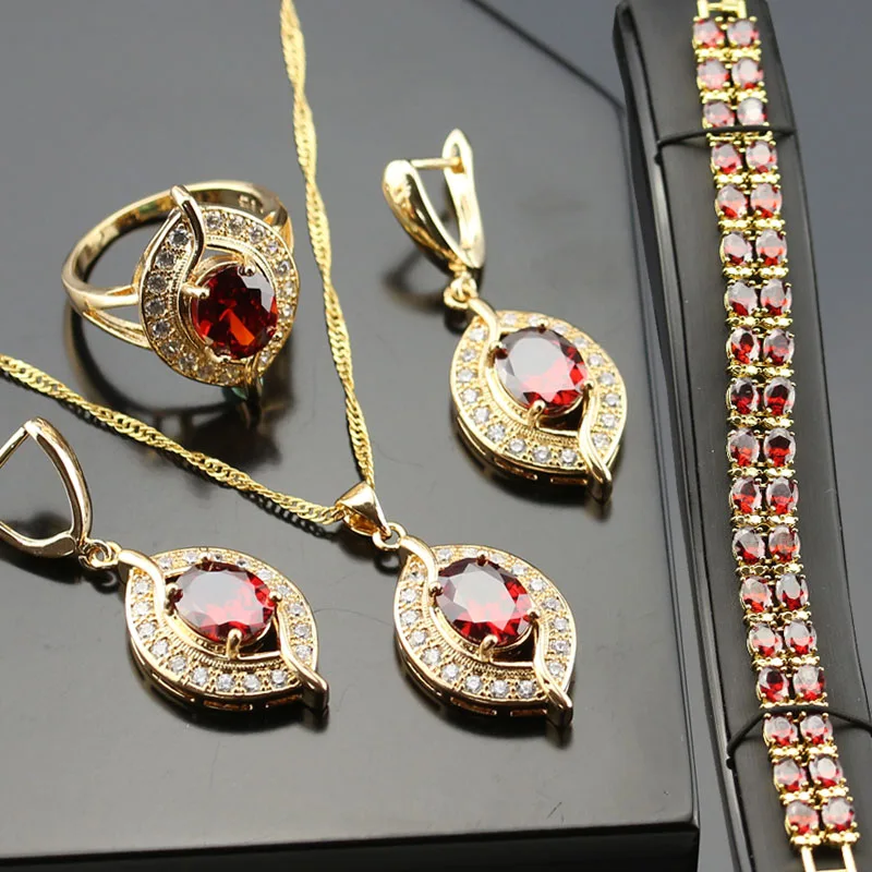 Sparkly Red Created Jewelry Set For Women Gold color Zircon