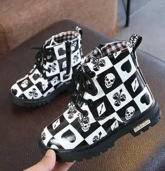 

Fashion Children Shoes Girls Boys Martin Boots Antislip black white pocker print Kids Sneakers Comfortable PU Leather Wholesale