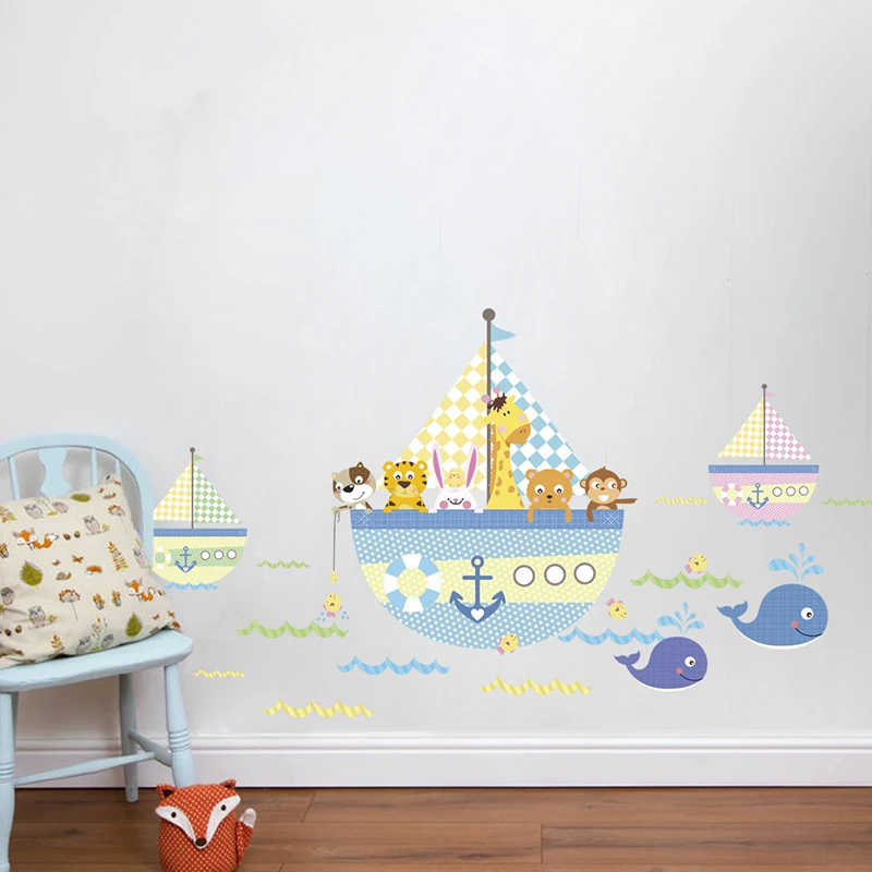 Cartoon Animals Tiger Bear Rabbit Boat Fish Wall Stickers For Kids Nursery Children Bedroom Decor Mural Wall Art Home PVC Decals