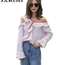 Striped Blouse Shirt Skew Collar One Shoulder Flounce Long Sleeve Button Design Blusas Top Clothing Shirt Women Blouse