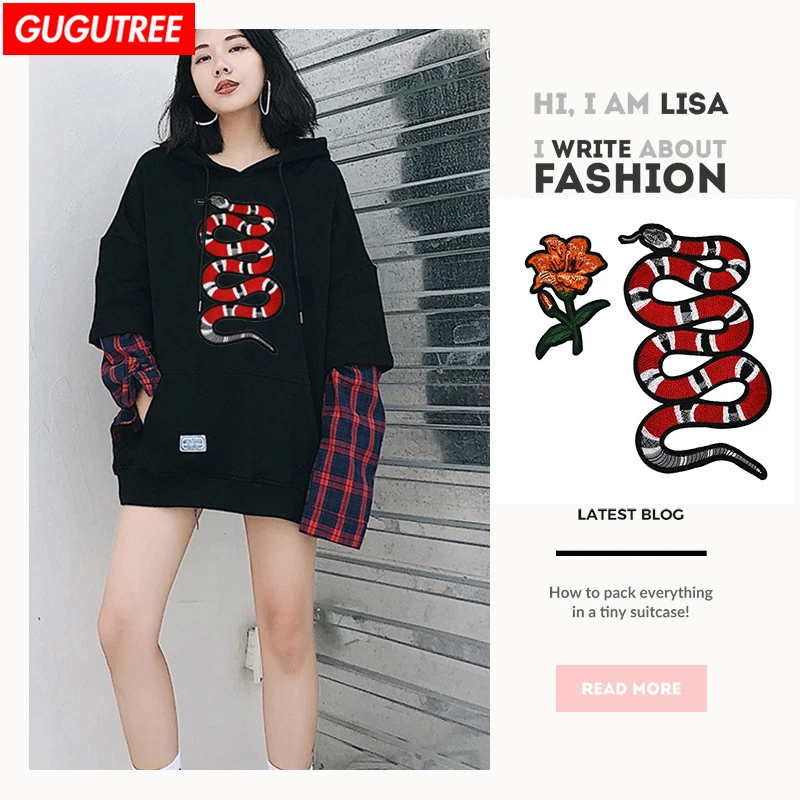 

GUGUTREE embroidery patches big snake patches,big paillette snake patch, flower patches badges for jackets