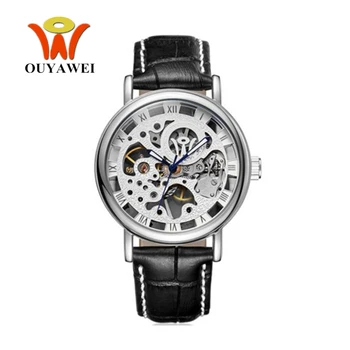 

OUYAWEI Automatic Self Wind Men Creative Skeleton Watch Male Business Fashion Black Leather Strap Male Wristwatch Orologio Uomo
