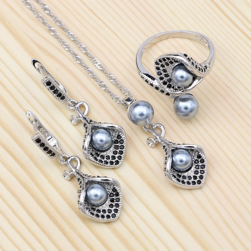 Gray Pearl 925 Silver Jewelry Sets Black Cubic Zirconia For Women Party Horn Shape Drop Earrings Open Ring Pendant Necklace Set