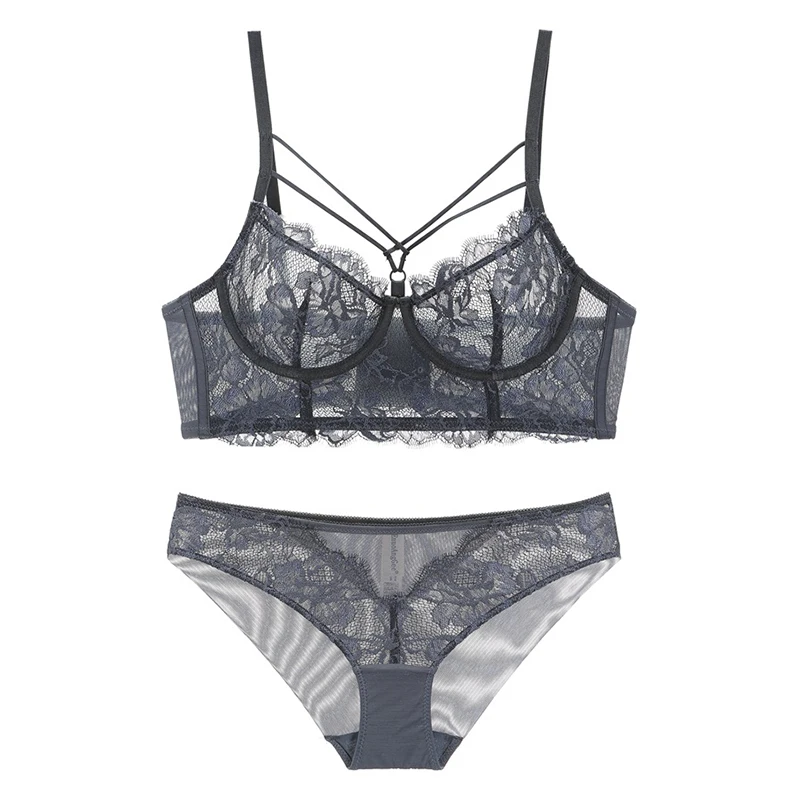 

Sexy Lace Ultra Thin Transparent Unlined Underwear With Underwire Cross Bandage Broadside Bra and Panties Set Women Lingerie