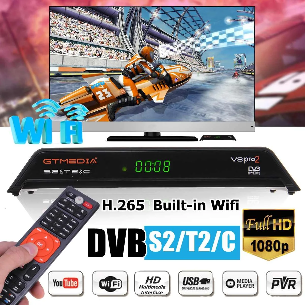 

GTmedia V8 Pro 2 Receptor DVB-S2 DVB-C DVB-T2 Built-in WiFi H.265 Support PowerVu DRE &Biss key Satellite TV Receiver 1080P
