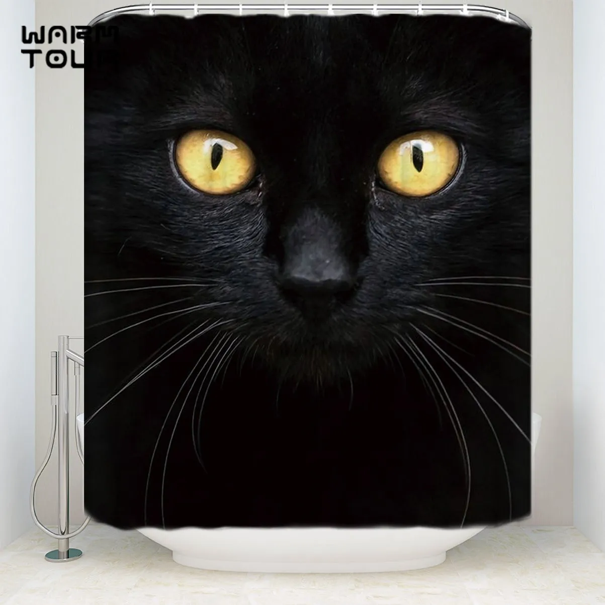 Dark Night Cat Waterproof Shower Curtain Bathroom Decor Sets with 12