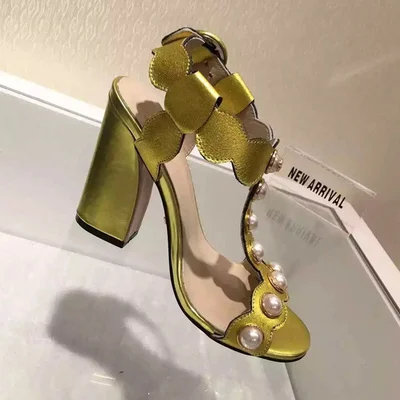 2016 Summer Gold / Black T Strap Square High Heels Shoes Woman Sandals Open Toe Pearls Chaussure 