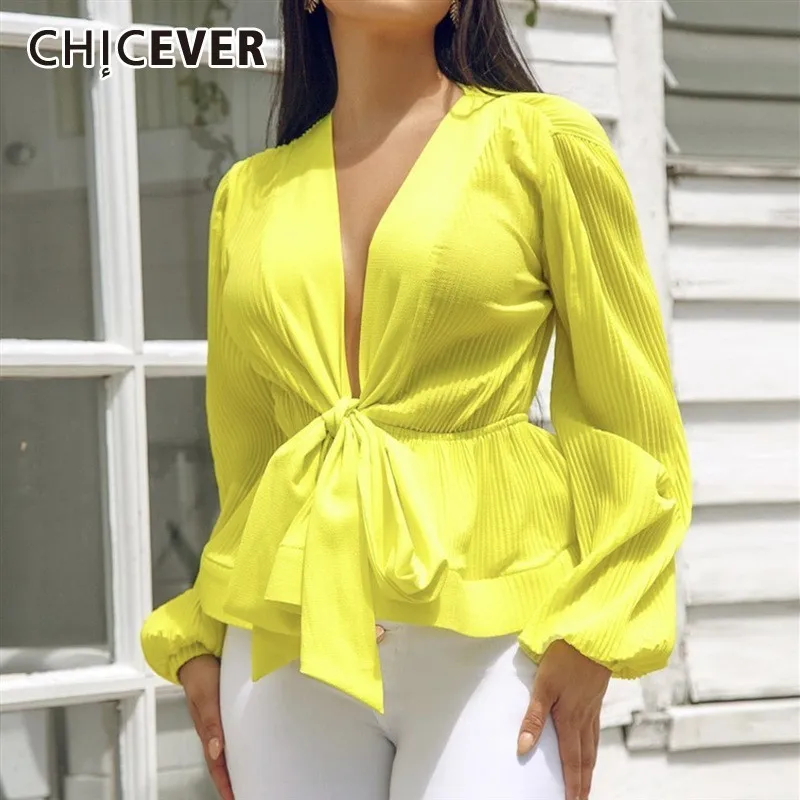 CHICEVER Summer Casual Yellow Open Stitch Lace Up Bow Women's Blouse V Neck Lantern Sleeve Plus Size Female Shirt 2020 Fashion | Женская