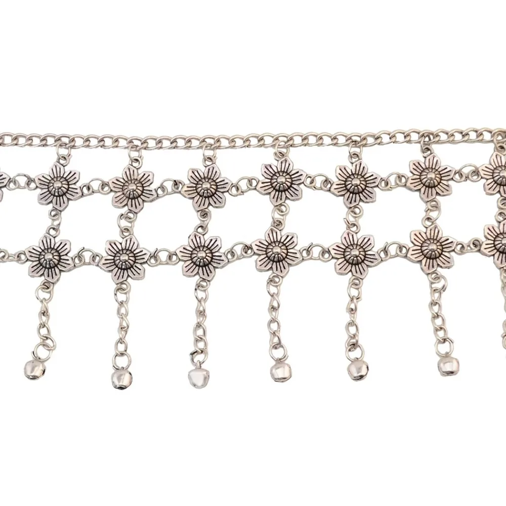  Turkish Antique Silver Metal Flower Tassel Wide Belt Waist Chain Belly Dance Body Chains Women Femm