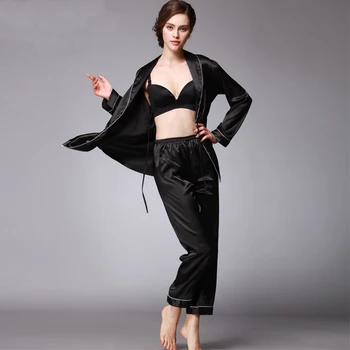 

Ladies Silk Satin Pajama Set Full Sleeve Pyjama Femme Solid Nightwear 2 Pieces Spring Autumn Pijama Set Home Wear For Women