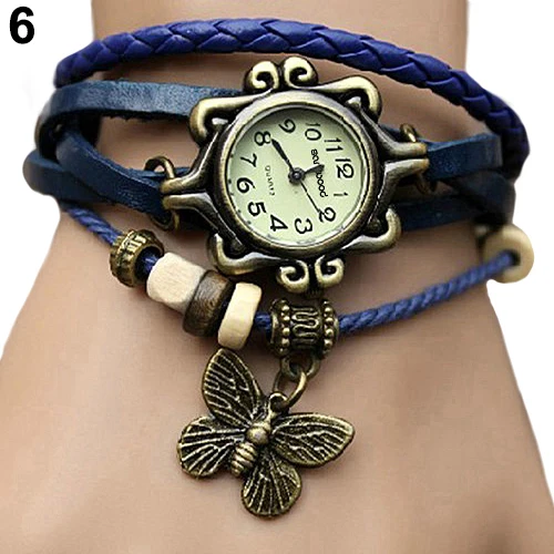 Женские часы в стиле ретро с кожаным ремешком и украшением в виде бабочки, кварцевые наручные часы-браслет reloj mujer zegarek damski, часы - Цвет: Синий