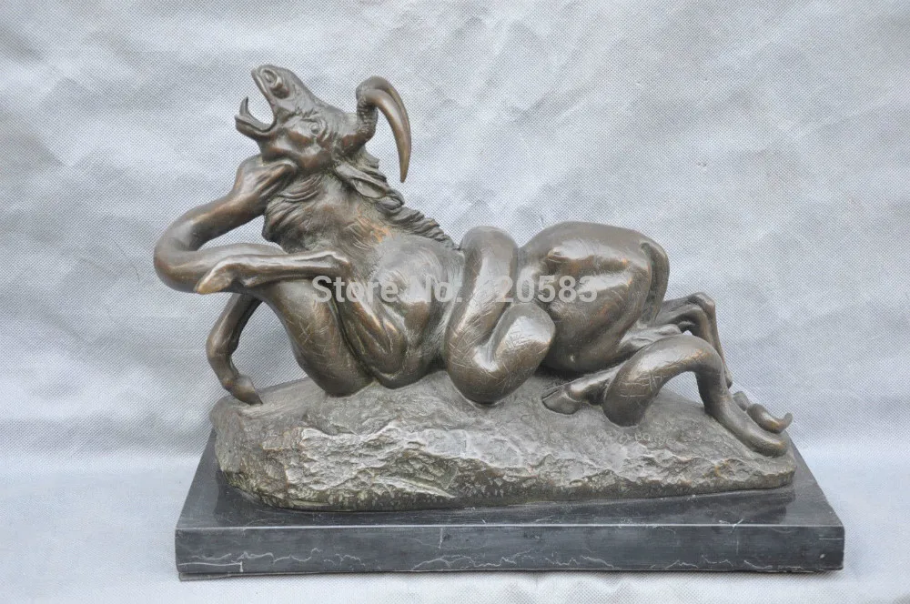 16" Bronze Powerful Python Snake Predation Hunt Sambar Deer Sculpture Statue