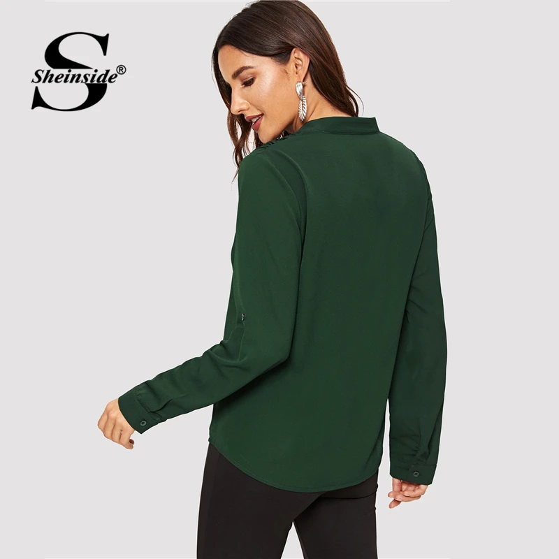  Sheinside Green V Cut Neck Roll Tab Sleeve Women Top Long Sleeve Blouse Shirt Office Ladies OL Work