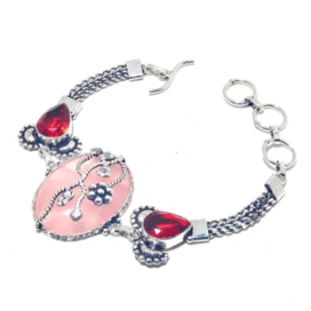 

Rose Quarts,Garnets Bracelet Silver Overlay over Copper, 20.5cm , B3844