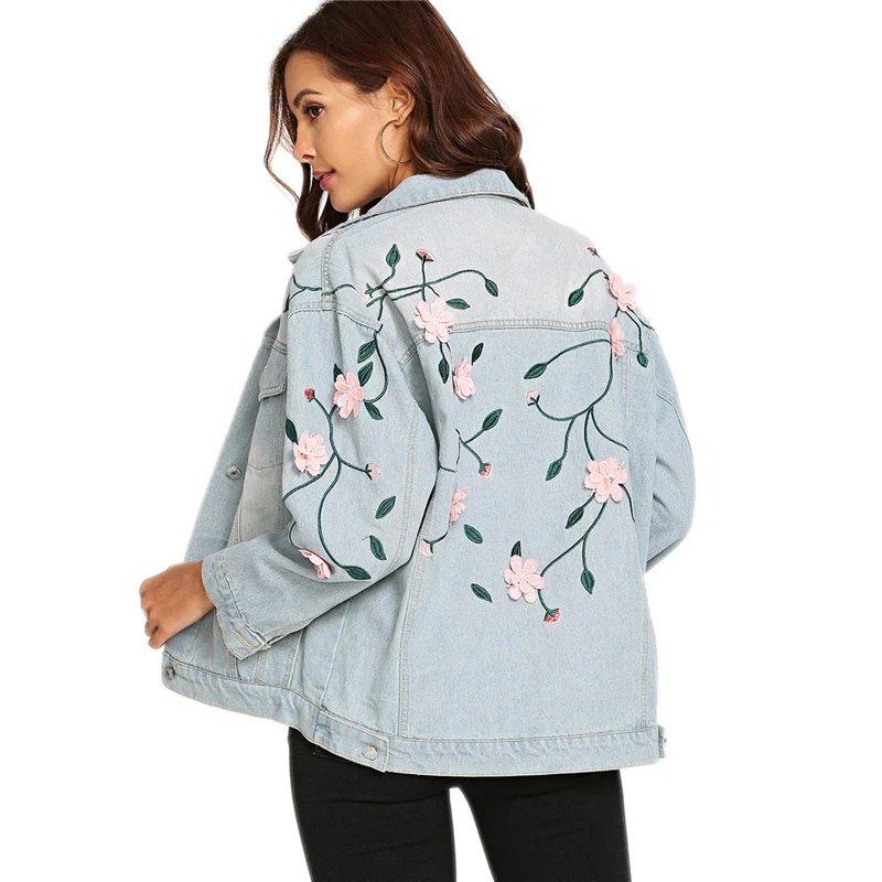 COLROVIE синий цветок аппликация карман Повседневная джинсовая куртка пальто женская одежда осень мода уличная женская верхняя одежда