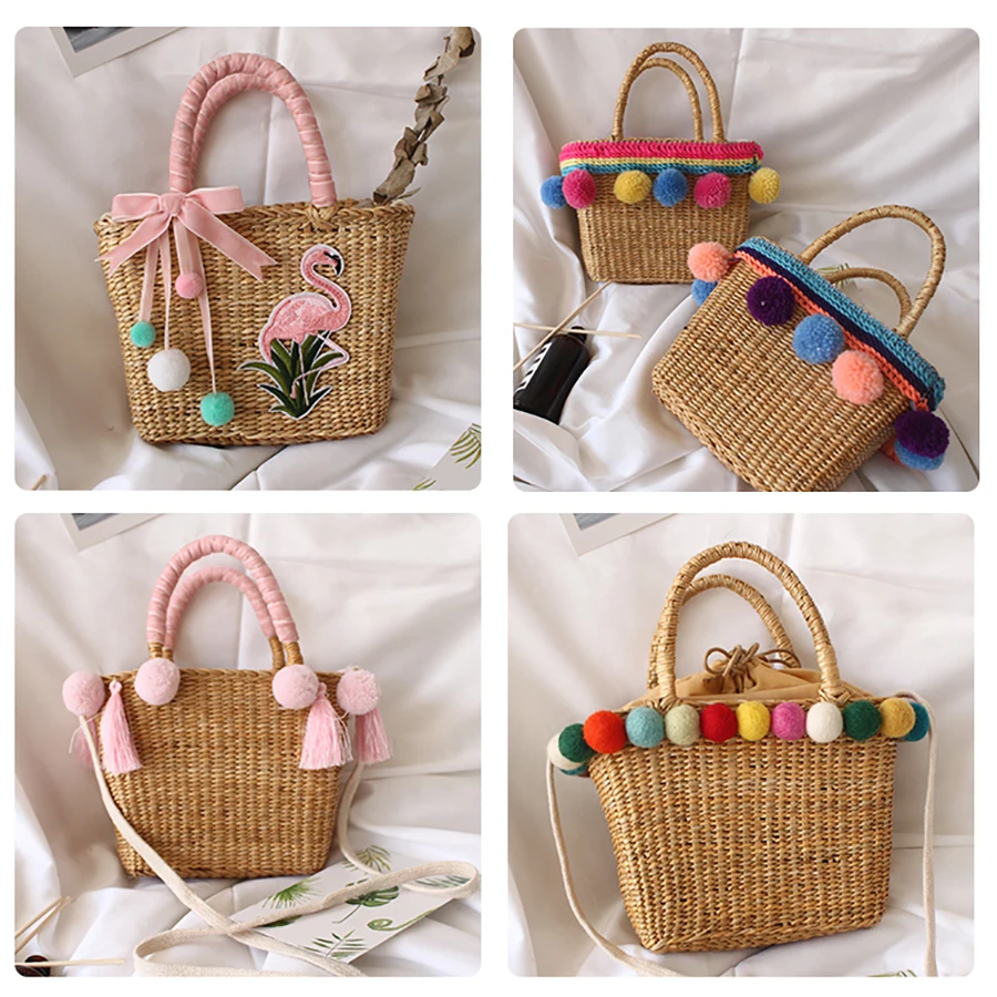 

Mini Weaving Fur Ball Handbags Cute Flamingo Straw Bags Sequin Bohemian Women Shoulder Crossbody Bag Draw Small Flap Handbag New