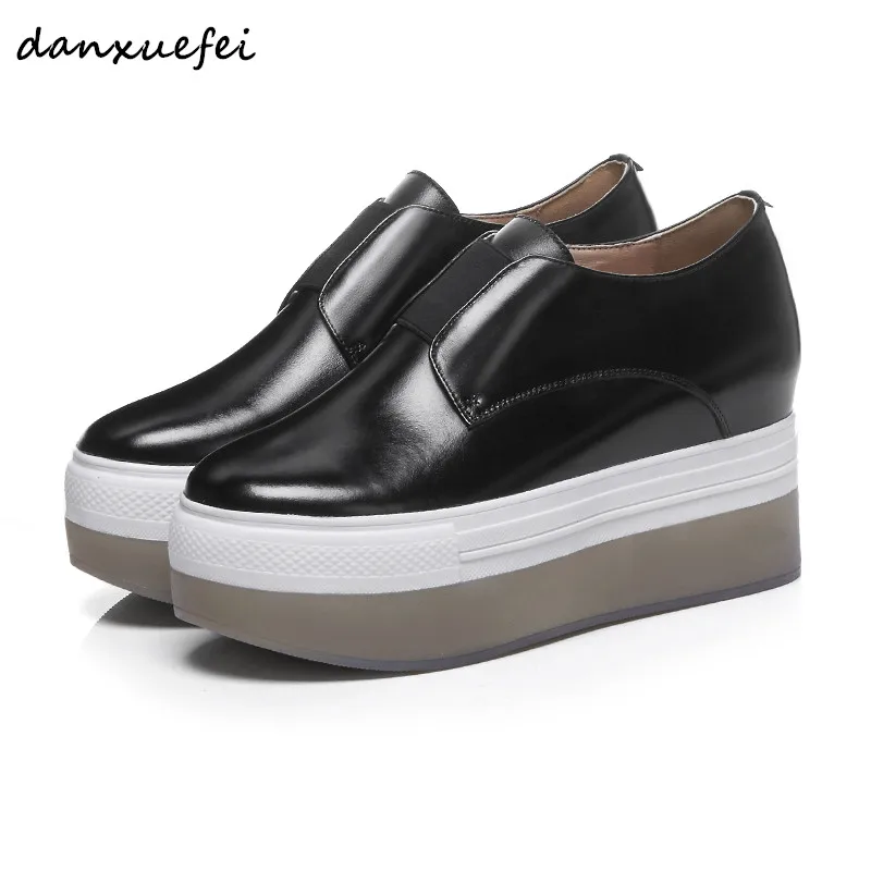 Plus women's genuine leather wedge platform elastic slip on loafers
