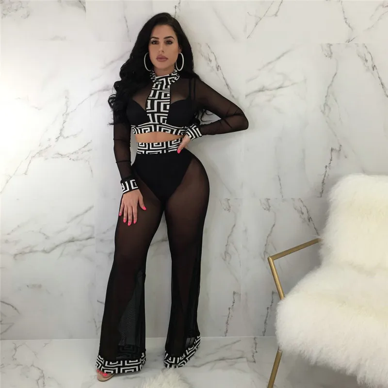 

Women Casual Two Piece Sets Mesh Patchwork See Through Striped Print High Collar Long Sleeve Short Top+High Waist Wide Leg Pants