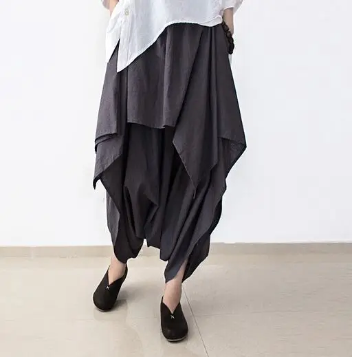 2016 New Summer and Autumn Black Linen Pants Female Loose Original Irregular Pants Skirts Plus Size Trousers Women Capris Pants