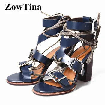 

Women Blue Leather Gladiator Sandals Buckle Square High Heels Ladies Shoes Ankle Strap Fashion Summer Sandalias Femme 2018