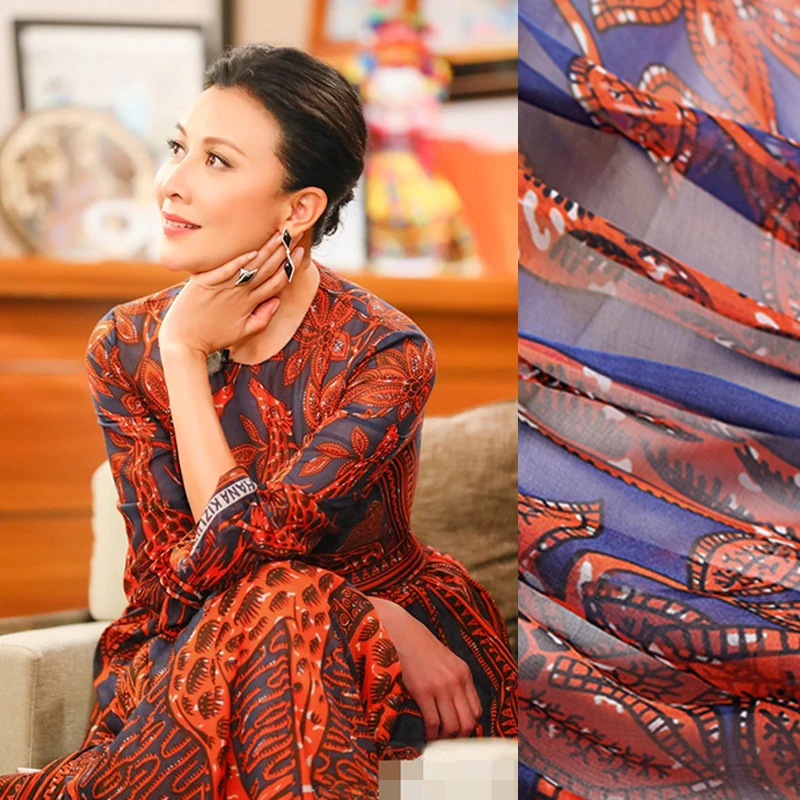 

African Style Print Thin Soft Silk Chiffon Fabric for Summer Long and Short Dress Shirt Scarf 138CM Wide 8MM Thick DE756