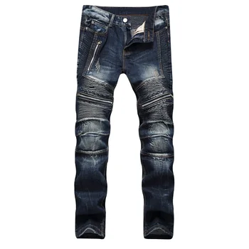 

New Biker Men's Zipper Jeans Men Slim Fit Straight Moto Punk Dark Long Designer Pants Nightclubs Mens Jeans Pleated Black Pants