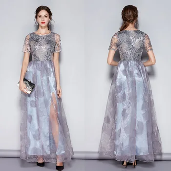 

Grey Short Sleeve Elegant Evening Dress Robe Soiree Sexy Vintage Embroidery Long A Line Formal Party Dresses Long Prom Gowns