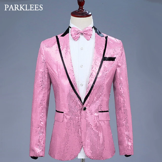 Mens Glitter Blazer Jacket With Bow Tie Pink Sequins Dress Suit Men ...