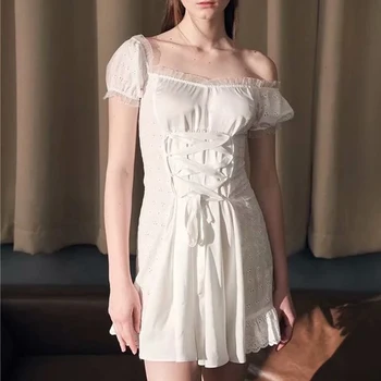 

European Style Women Slash Neck Solid White Waist Drawstring Lace Up A-line Mini Dress Off Shoulder Vintage Shirt Sleeve Dress