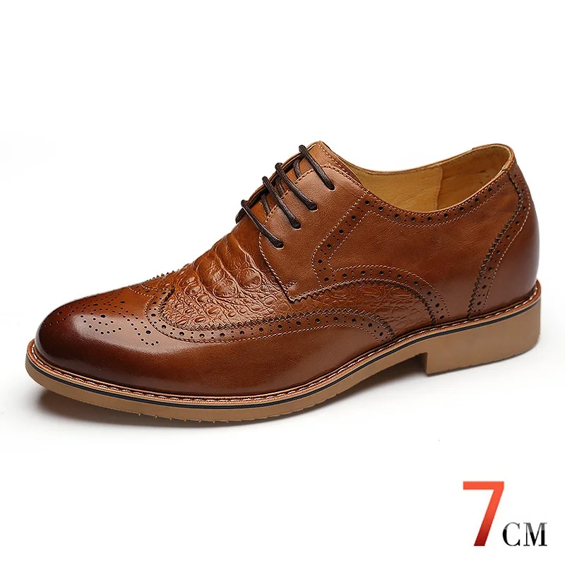 X8865 Для мужчин; увеличивающие рост до середины икры Кожаные броги оксфорды свадебные модельные туфли в Скрытая стельки расти выше 6 см - Цвет: Light Brown