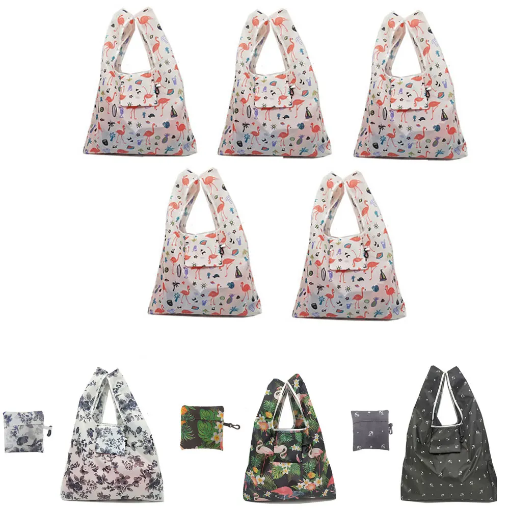 Многоразовая Складная Женская хозяйственная сумка, Эко сумка с изображением животного, складывающаяся сумка, фламинго, хозяйственная сумка для хранения фруктов и овощей