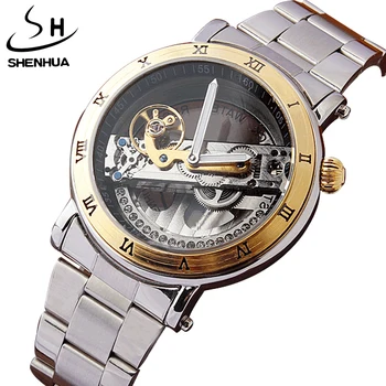

SHENHUA Luxury Hollow Steampunk Transparent Skeleton Crystal Flywheel Automatic Full Steel Gold Dress Men's Mechanical Watch