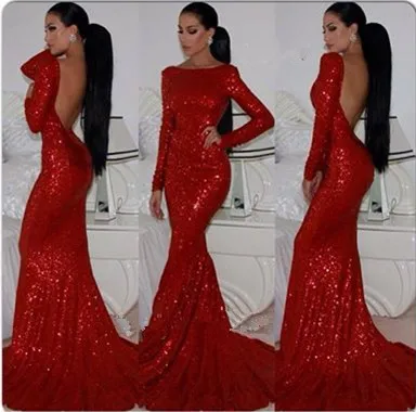 

2019 New Fashion Sparkly High Neck Sequined Mermaid Red Prom Dresses Long Sleeves Sexy Long Formal Evening Gown