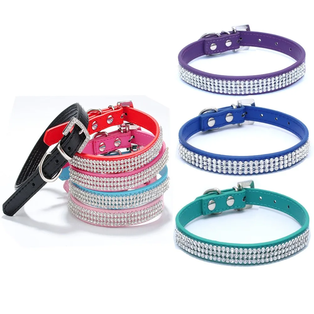 Dog Collar With Beautiful Bling Rhinestone Designed PU Leather Solid