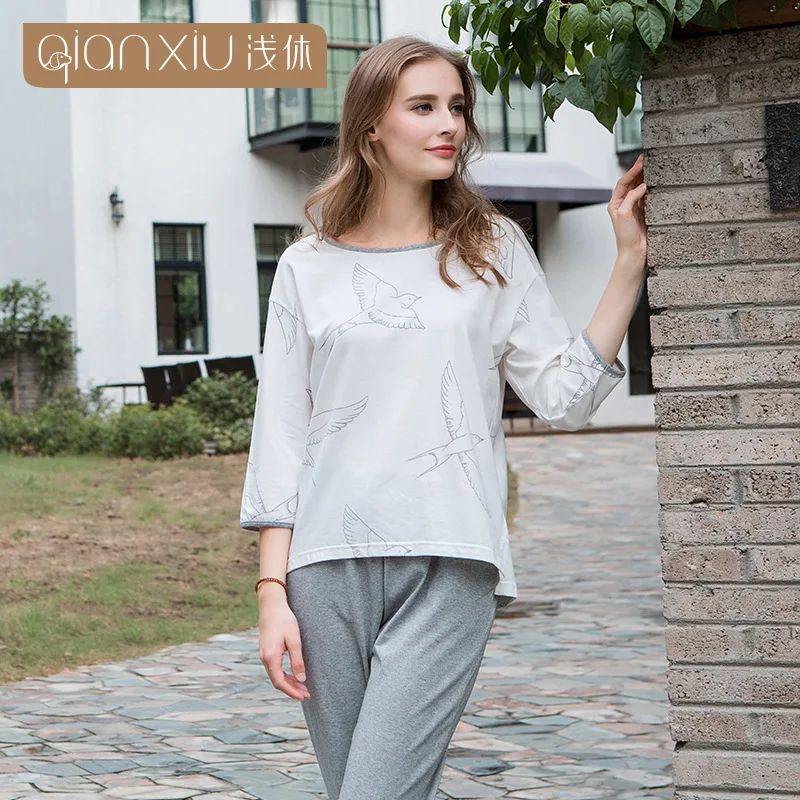 Buy Qianxiu pajamas woman pure cotton three quarter sleeve pyjama suit female