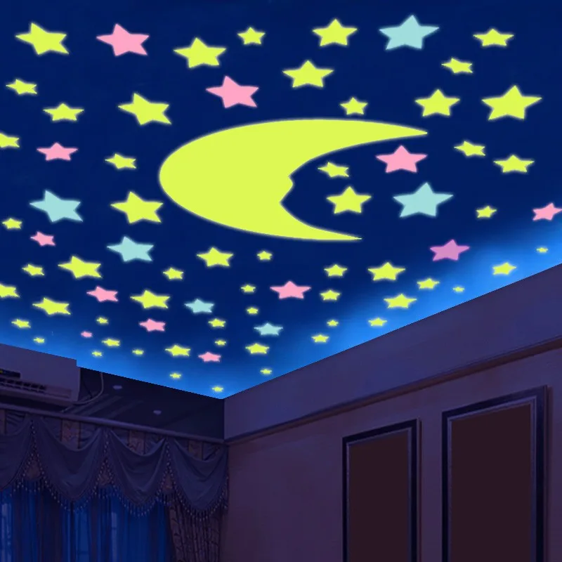 

% 100 pcs/lot 3D stars glow in the dark Luminous on Wall Stickers for Kids Room living room Wall Decal Home Decoration poster