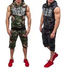 ZOGAA мужские комплекты летние армейские камуфляжные Танк Повседневный Топ тонкие Топы безрукавка с капюшоном и короткие брюки комплект