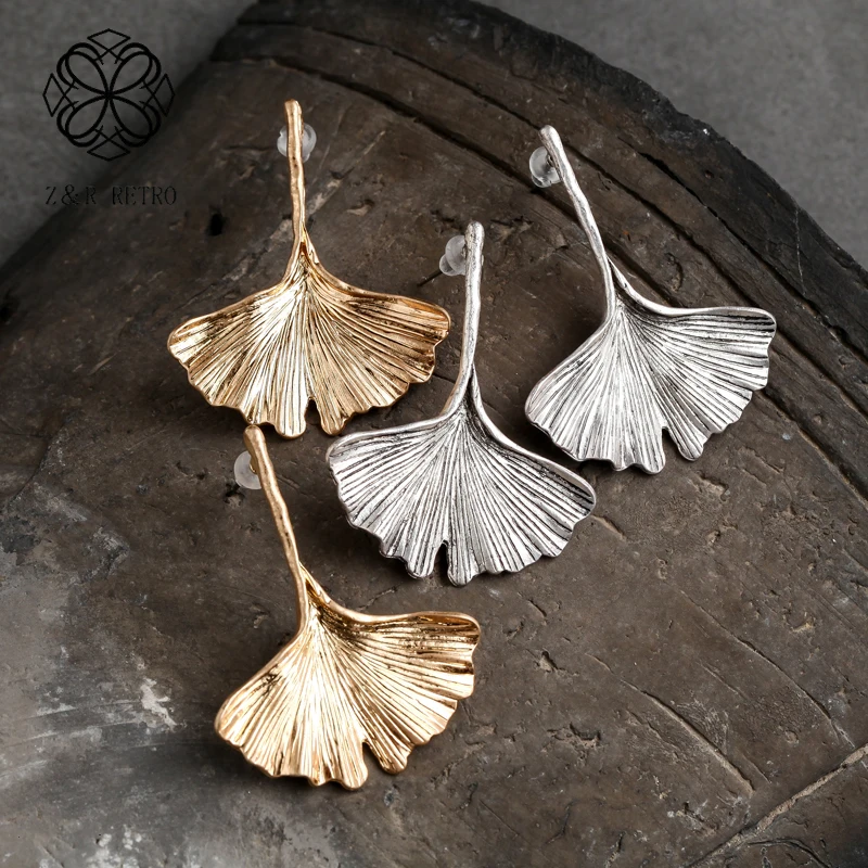 

Vintage Gold Silver Stud Earrings Big Ginkgo Biloba Plant Leaf Metal Leaf Earrings Statement Women Jewelry Brincos HE099