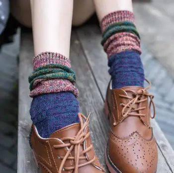 

Apparel Accessories Women's Sock patchwork color cotton vintage Bold lines long lady loose socks knee-socks 5pair/lot 02266
