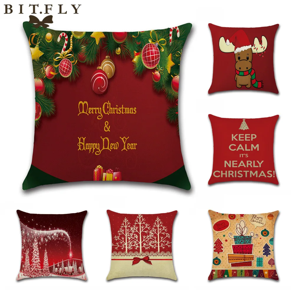 

BIT.FLY 1pc pillowcase Cover 45*45cm Pillow case For Home Reindeer Santa Claus New year MERRY CHRISTMAS Square Linen dakimakura