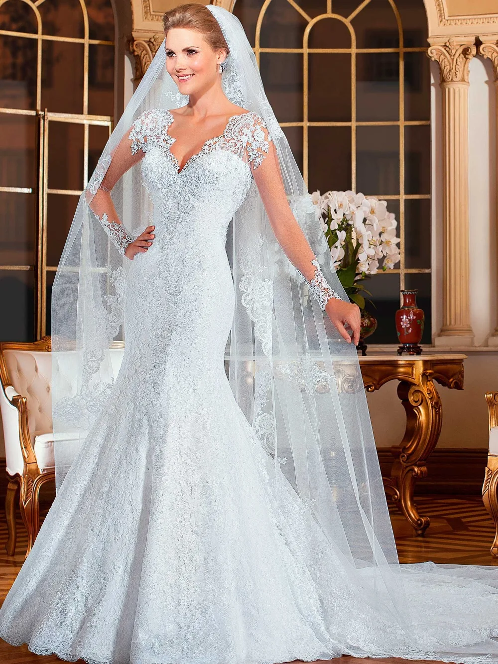 

Elegant Lace Wedding Dress New Arrival Long Sleeve Mermaid Bride Dresses Rude Style 2015 Vestido De Novias