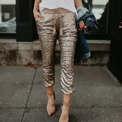 2019 Женские повседневные узкие брюки с высокой талией обтягивающие брюки с блестящими блестками с высокой талией брюки для женщин Клубная