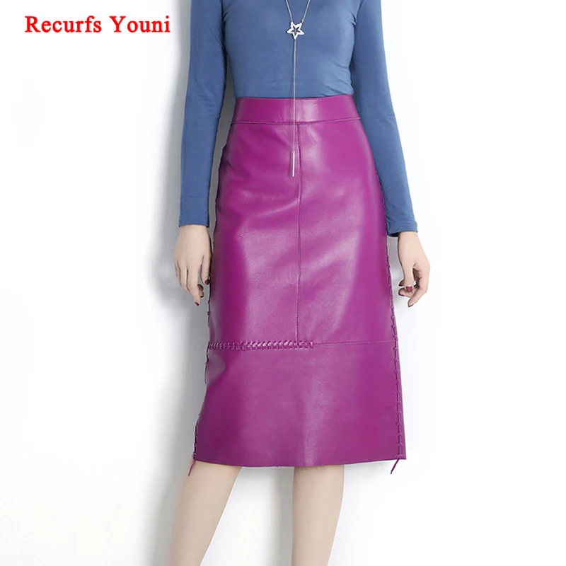 

RYS8735 Women Spring Genuine Leather Hand-Knitted High Waisted Slit Wrapped 70 cm Long Skirts Mujer Sexy Purple Jupe Femme Saia
