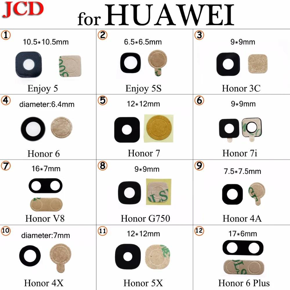 

JCD New Rear Back Camera Glass Lens With Adhensive For Huawei Honor 3C 4 4A 4X 5X 6 6 Plus 7 7i V8 Replacement camera glass lens