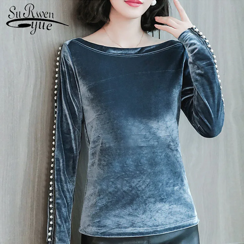 

fashion 2019 blouse new gold velvet solid-colored long-sleeved O neck women shirts bead blouses fashion female clothes 1594 50