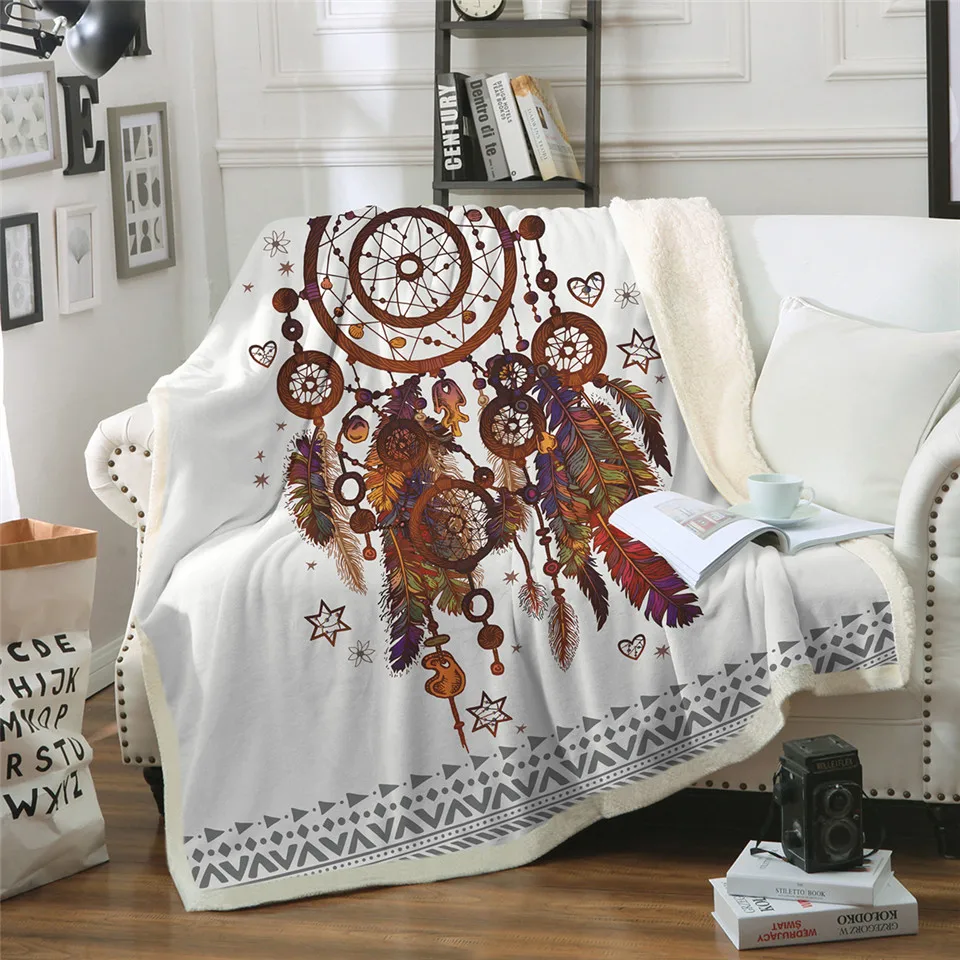 BeddingOutlet-Velvet-Plush-Throw-Blanket-Hipster-Watercolor-Sherpa-Blanket-for-Couch-Dreamcatcher-Feathers-Printed-Soft-Throw